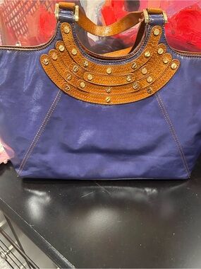 Tory Burch Navy and Tan Studded Tote